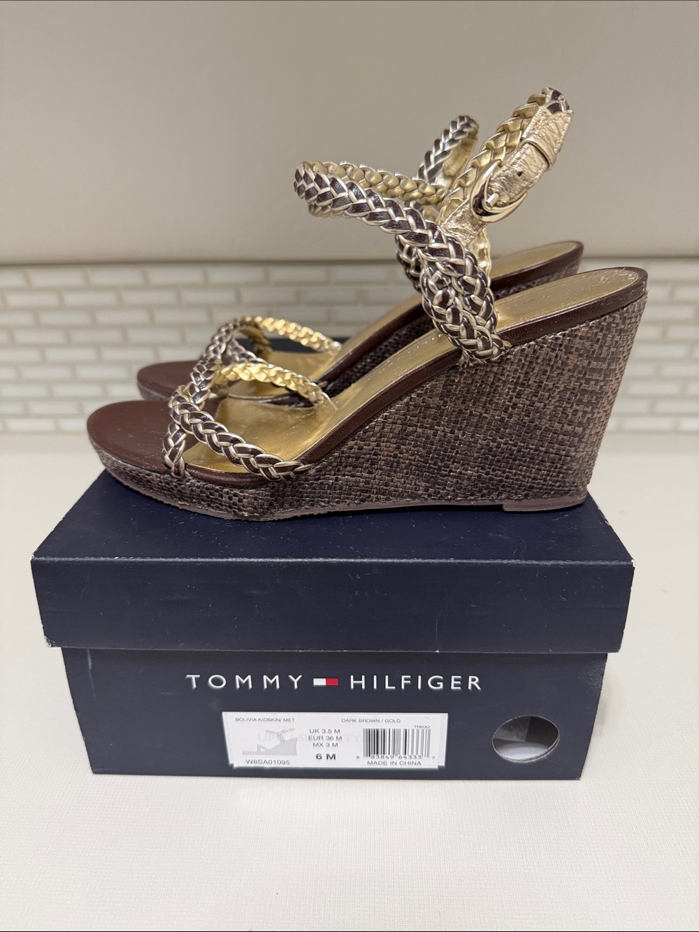 Tommy Hilfiger Gold and Brown Braided Wedge Sandals with Ankle Strap size 6